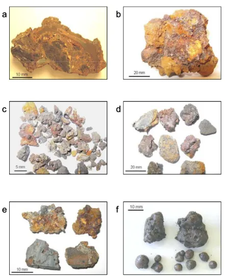 Figure 8. Photographies de fragments de déchets minéralurgiques (a b, c, d, e) et résidus de  bouilloires de charbons (f) retrouvés dans l’horizon de sol anthropique du site de Montréal 