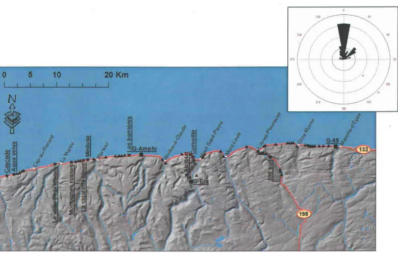 Figure  9.  Localisation des  carapaces de  glace dans  la Haute-Gaspésie:  .&amp;  =  carapaces  de  glace; 