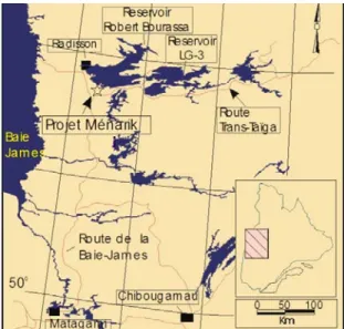 Figure 1 : Localisation de la propriété Ménarik de Ressources minières Pro-Or inc.,  Baie-James (Qc) (tirée de Laflèche et Bergeron,2005) 