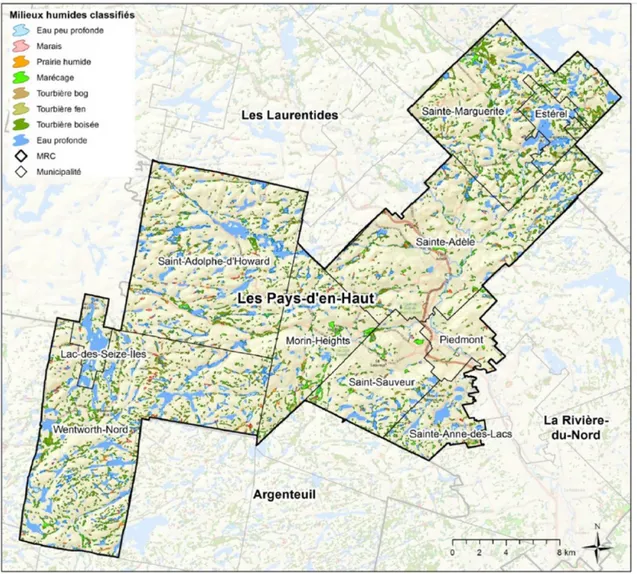 Figure 1.3 :  Cartographie détaillée des milieux humides dans la MRC PDH                (tiré de CIC et MDDELCC, 2016, p.47) 