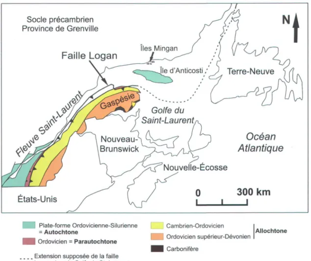 Figure 1.1  : Localisation de l'Île d'Anticosti et principaux assemblages temporels des  roches  de l'orogène appalachien au Québec 