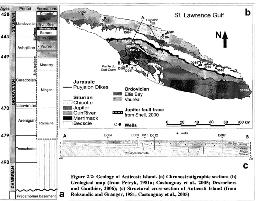 Figure 2.2:  Geology of Anticosti Island. (a)  Chronostratigraphic section;  (b)  Geological  map  (from  Petryk,  1981a;  Castonguay  et  al.,  2005;  Desrochers  and  Gauthier,  2006);  (c)  Structural  cross-section  of Anticosti  Island  (from  Roksand