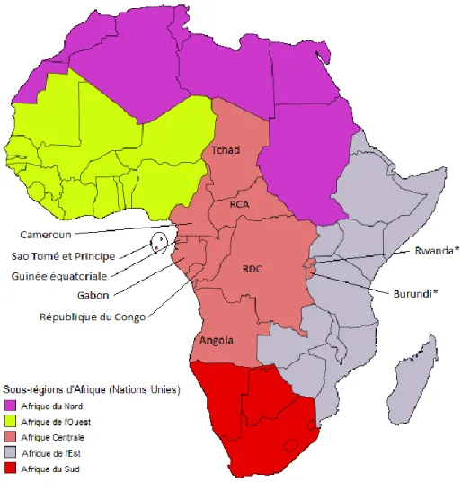 Figure 2.2  Les cinq sous-régions du continent africain telles que définies à l'origine  par  les  Nations  Unies  (United  Nations,  2012),  mais  où  le  Burundi  et  le  Rwanda ont été joints à l'Afrique centrale (*)