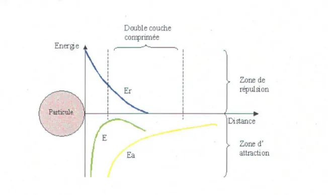 Figure 10:  Variation du  potentiel de répulsion en  fonction  de la  distance qui sépare deux particules  après compression de la  double couche