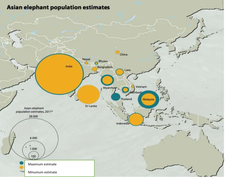 Figure 1.3.2 : Représentation visuelle des estimés de populations sauvages d’éléphants d’Asie, 2011