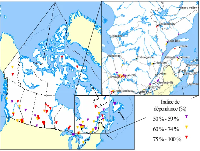 Figure 1-1   Communautés dépendantes, à au moins cinquante pourcent, des mines au  Canada en 1996 (modifié de Ressources naturelles Canada 2003a)