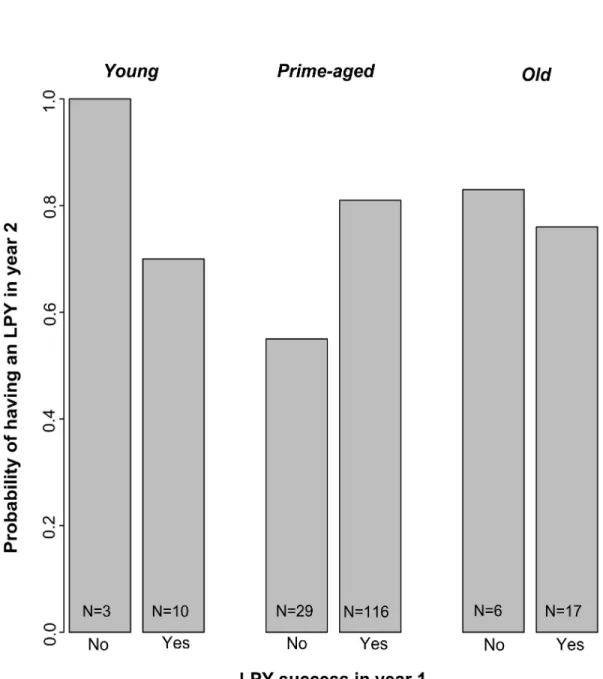 Figure 2 Probability of having a young that survived to the Large Pouch Young (LPY) stage in  year 2 as a function of age class and LPY production in year 1 for 75 unmanipulated female  eastern grey kangaroos at Anglesea, Victoria, Australia
