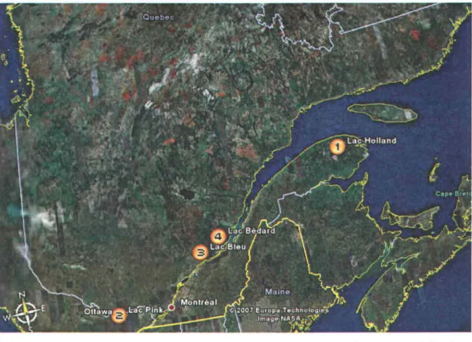 Figure 2.1 :  Localisation  des  quatre  lacs  échantillonnés  au Québec:  1)  Lac  Holland  2)  Lac  Pink  3)  Lac  Blcu4) Lac  Bédard (Tirée de Google  Earth) 