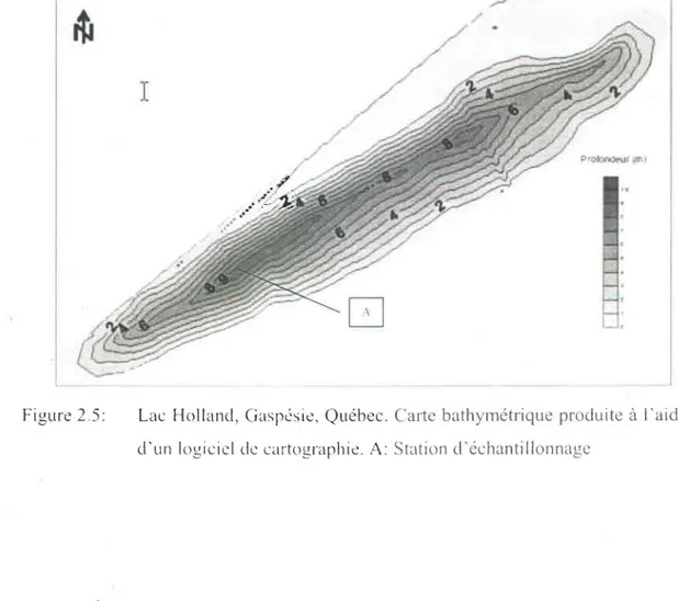Figure 2  5:  Lac  Holland,  Gasr~sie,  Québec.  Carte  bathymétrique  produite  à l'aide  d'un  logiciel  de  cartographie