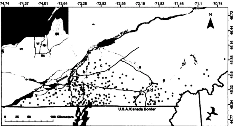 Figure 1.1. Map of the study area  in Southern Quebec, Canada. The  location of sampled striped skunk {Mephitis  mephitis)  in this  study is shown by a black star for 2009 (« = 148) sampling year and a grey circle for 2010 {n = 141) sampling year