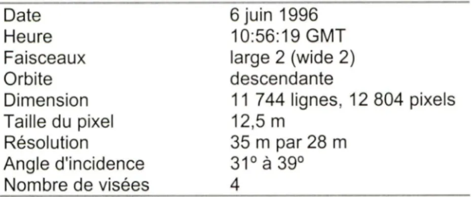 Tableau 1 -  Caractéristiques de l'image RSO