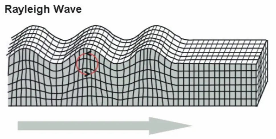 Figure 1.5 – Illustration de la propagation d’une onde de Rayleigh [48].