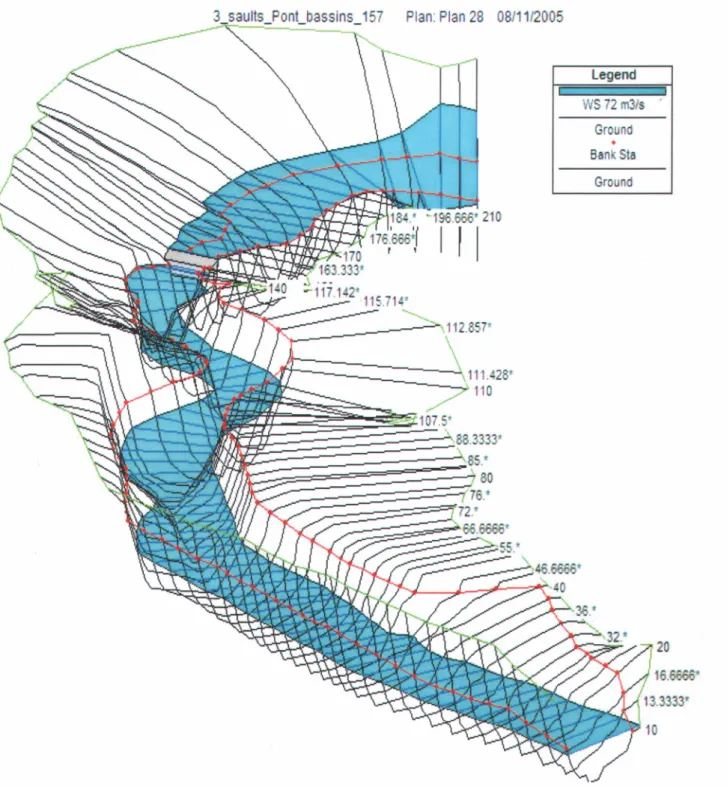 Figure 7 : Modélisation  HEC-RAS  du fossé de ceinture, débit de 72 m3/s,  vue 3D