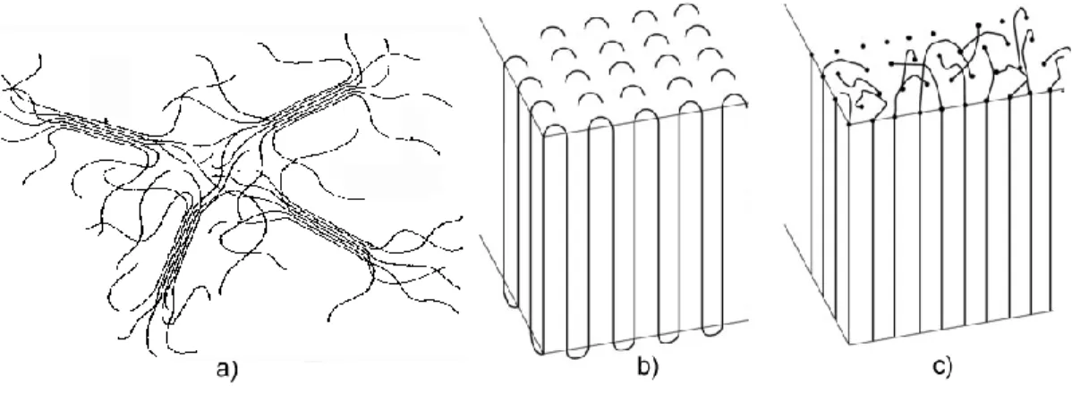 Figure 3. Schematic of: a) fringed-micelle model for semi-crystalline polymers, b) chain-folded  lamellar structure with adjacent re-entry and c) switchboard random [59] 