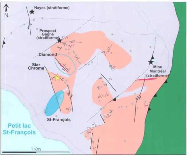 Figure  1.3.  Carte  géologique  et  structurale  des  faciès  cumulatifs crustaux du secteur des  Collines  Diamond  présentant  la  localisation  des  stations  de  levés  ainsi  que  celle  des  gîtes  et  indices  de  chromite,  modifiée  de  Schroette