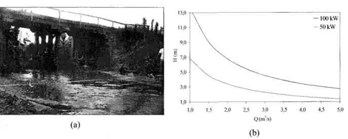 Fig. 2 - Site below a bridge and  flows and  beads for powers of 50 and 100 kW. 