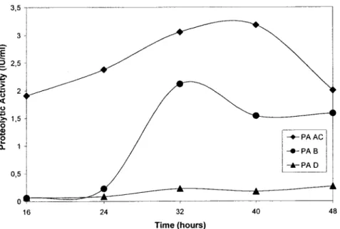 Figure  3:  Proteolytic  activities  (PA)  (lU/mi)  of various  strains  (AC,  Band  0)  during  500  ml  shake  flasks  experiments (working  volume of  100  ml  S.M.) at an  optimal stability temperature of  60  Oc 