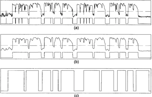 Figure 5. Segmentations des blocs de chants continus à partir (a) du seuillage du calcul de  l'énergie, (b) du seuillage du calcul de l'énergie avec filtrage par la médiane et comparaison 