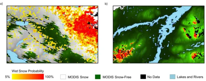 Figure  4.5  Examples  of  the  additional  constraints  on  the  correction  algorithm  for  a)  maximal  distance  to  a  MODIS snow pixel (May 16th) and b) altitude higher than 1500 m (July 13th)