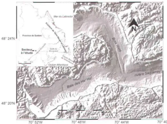 Figure  1.11  :  Localisation  du  bassin  supérieur  du  Fjord  du  Saguenay  fait  à  partir  du  couplage  d'une image  multifaisceaux et de  modèle d'élévation numérique (modifié  de  Urgeles  et al.,  2002)