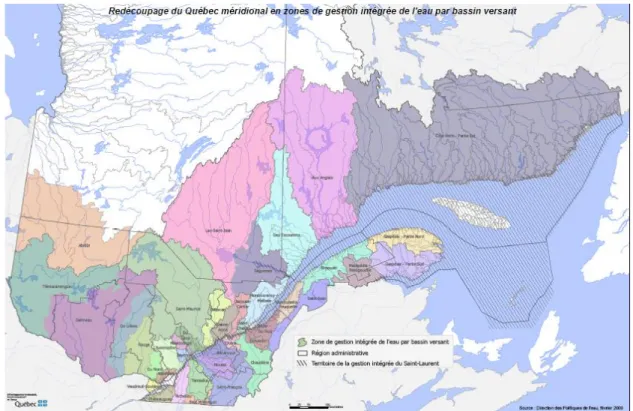 Figure 1.2    Redécoupage du Québec méridional en zones de gestion intégrée de l’eau  par bassin versant