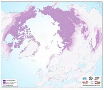 Figure 3 – Carte de répartition des pergélisols dans l’hémisphère nord. Les pergélisols continus repré- repré-sentent la catégorie majoritaire des pergélisols (I.P.A., 2015).