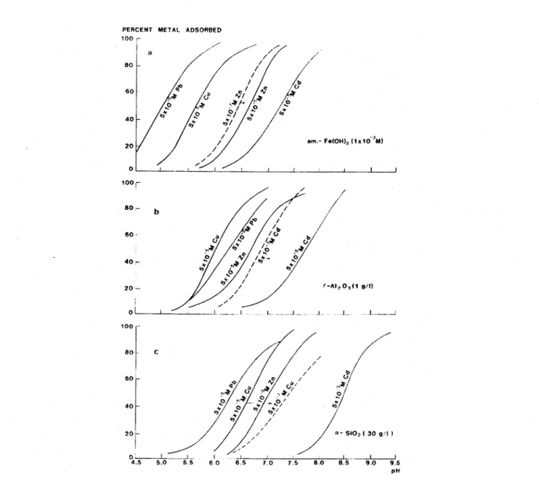 Figure 3.5 : Courbes d'adsorption de différents métaux sur des solides amorphes variant en fonction des variations de pH de I'eau