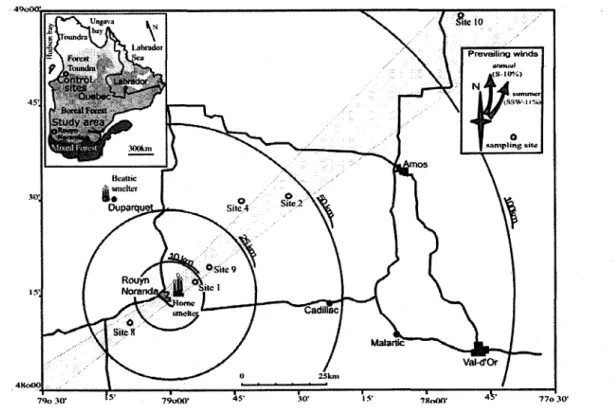 Fig. 4-1  Simplified location map showing the sampling sites in the study area as well  as the control sites