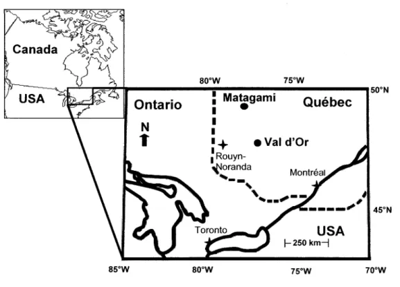 Figure  5.  Carte géographique représentant les sites d'échantillonnage  de la rivière Allard (près de Matagami)  dans la région de la Baie-James,  et de la rivière Colombière  (près de Vald'Or) dans la région minière  de I'Abitibi,  au nord-ouest  de Mont