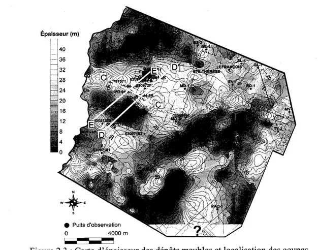 Figure  2.3 : Carte  d'épaisseur  des dépôts  meubles  et localisation  des coupes stratigraphiquesÉpaisseurtrfr40r-t^^f--l ro-fi32il28FiroHrof f i 1 6Mffiw 1 2U aUv 4rI O l 5