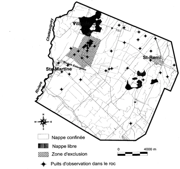Figure 2.5 : Délimitation des zones confinées  et non confinées  de I'aquifère au roc