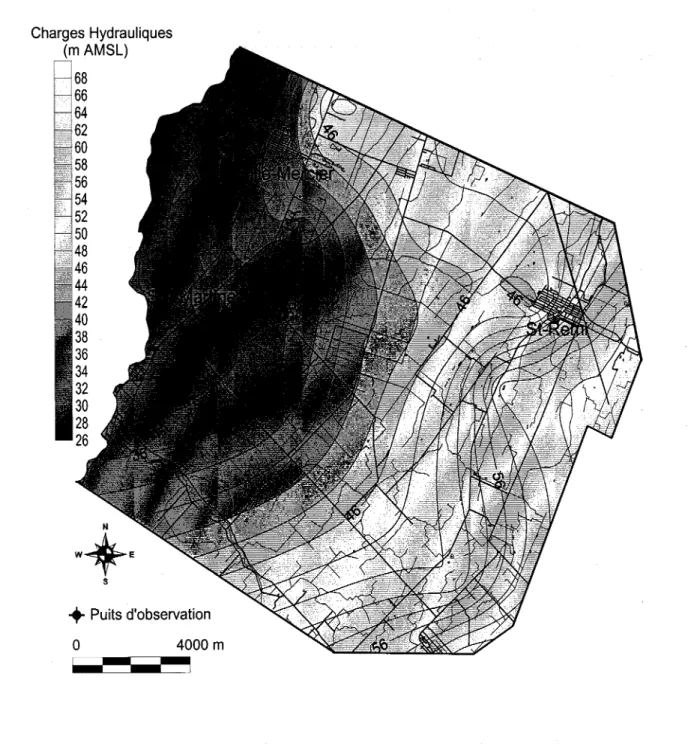 Figure 2.6 : Carte piézométrique  régionale  dans le roc réalisée  à partir des relevés  du MENV (Lamontagne,  2000, communication  personnelle)