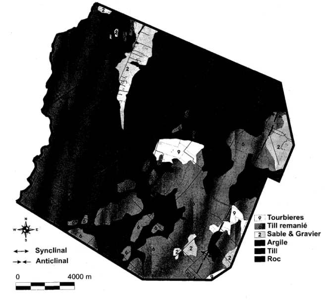 Figure 2.lI  : Carte représentant  les principales  structures géologiques  et les dépôts  meubles
