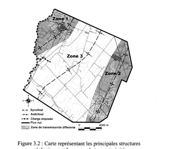 Figure  3.2: Carte  représentant  les principales  structures géologiques  et les zones  de transmissivité