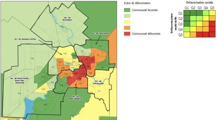 Figure 4.1 La défavorisation matérielle et sociale dans la Ville de Sherbrooke, 2016 (tiré de : Centre  intégré universitaire de santé et de services sociaux de l’Estrie et Centre hospitalier universitaire  de Sherbrooke, 2018, p