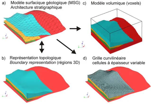 Figure 1.7 : a) Un modèle surfacique géologique en 3D (MSG) est constitué de surfaces  interconnectées représentant l'architecture stratigraphique d'une région