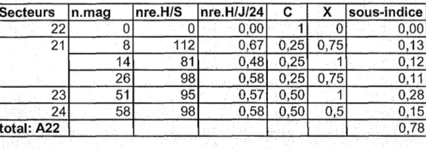 Tableau H : calcul  de l'acessibilité  à  l'alimentation  FII-sect22  Secteurs  n.mag  nre.H/S  nre.H/J/24  C  X  sous-indice 