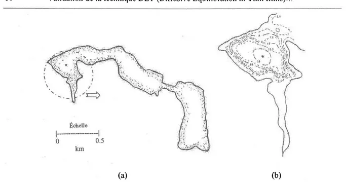 Figure  2.1 Illustration (a) du lac Tantaré  et (b) carte bathl&#34;rnétrique  en mètre du bassin  ouest  où (r) représente  la station d'échantillonnage.