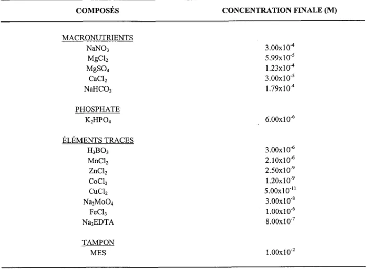 Tableau 2.1 :  Composition du  milieu  de culture AAP  (Algal  Assay Procedure) modifié  par  Chiaudani et Vighi (1e78).