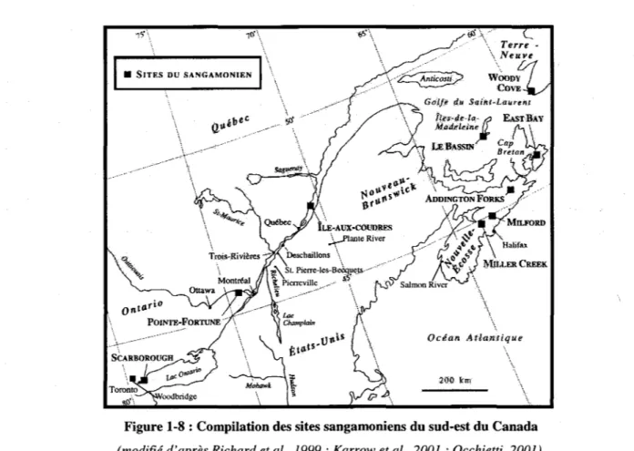 Figure 1-8 : Compilation des sites sangamoniens du sud-est du Canada  (modifié d'après Richard et al.,  1999,