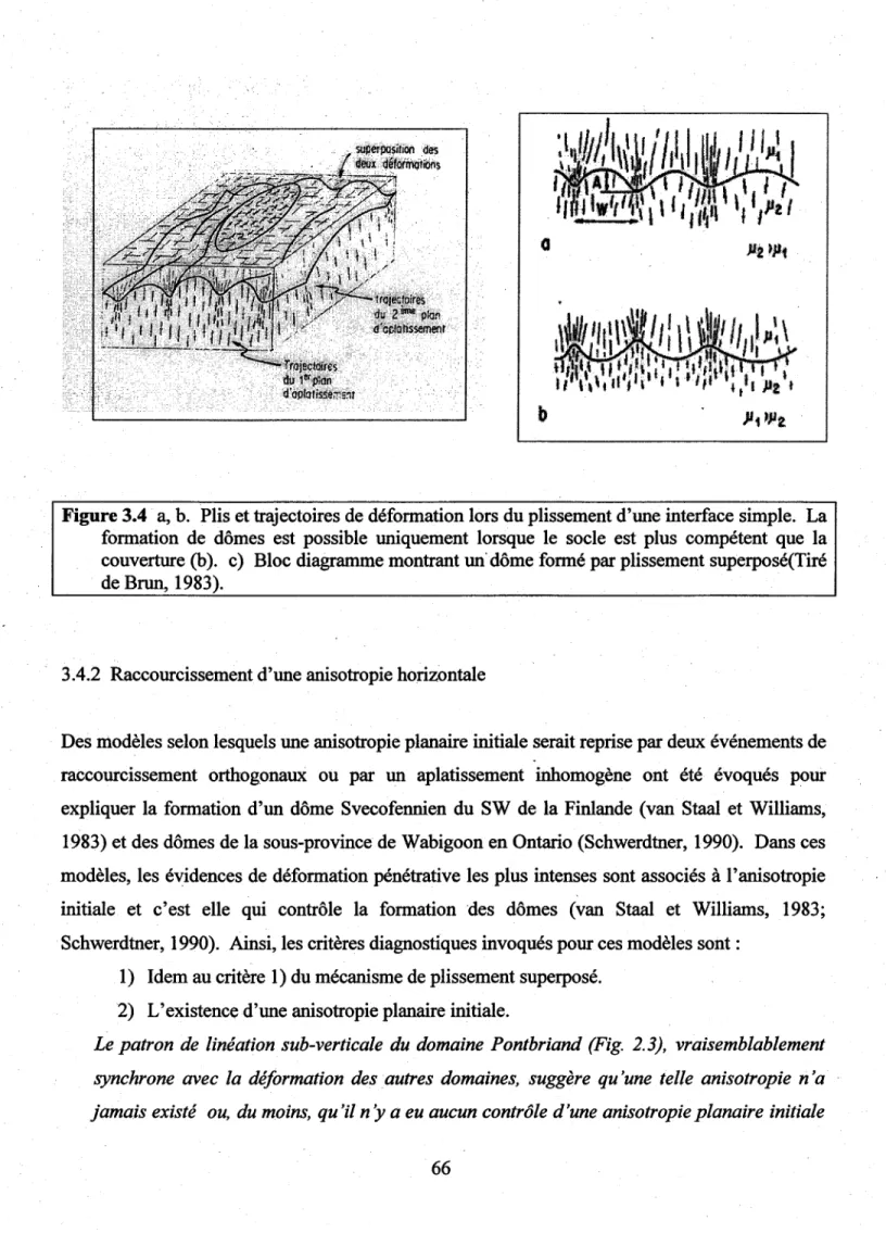 Figure 3.4  a, b.  Plis et trajectoires de déformation lors du plissement d'une interface simple