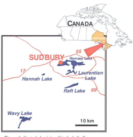 Figure  6:  Carte de  la région d'étude de  Sudbury,  dans la province de l'Ontario, au Canada