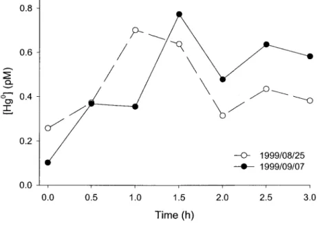 Figure 4.  Evolution of HgO concentrations in unspiked surface saline water from Baie Saint-Paul during two incubation experiments under a UV  lamp.