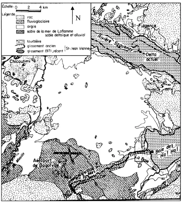 Figure  3.3  :  Carte  synthétique  des  dépôts  meubles  de  la  partie  sud-est  de  la  région  du  Saguenay (tiré de Bouchard et al.,  1983)
