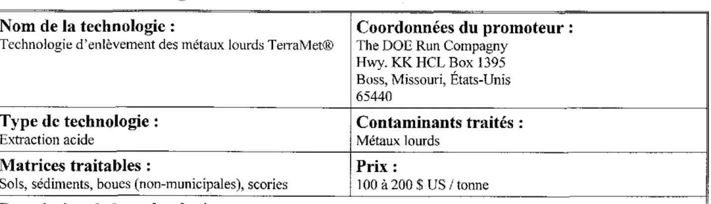 Tableau 11  Technologie d'cnlèvement des métaux lourds TerraMct@