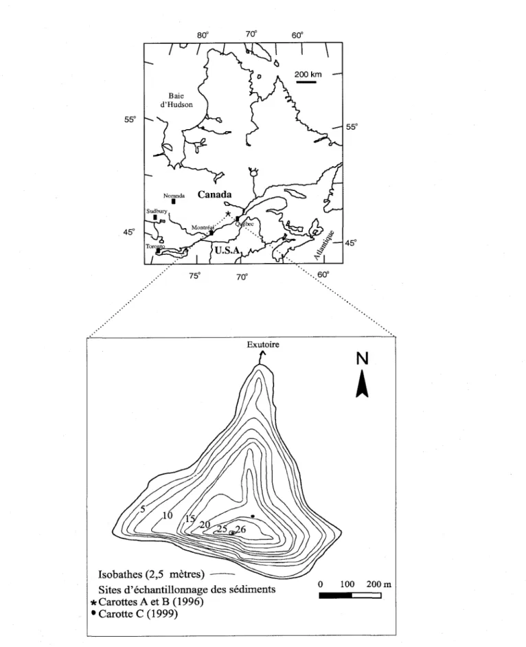 Figure 6. Carte bathymétrique  du lac Clair montrant les sites d'échantillonnage des sédiments  (modifiée de D'Arcy,1993).Insertion: localisation de la station du lac Clair.