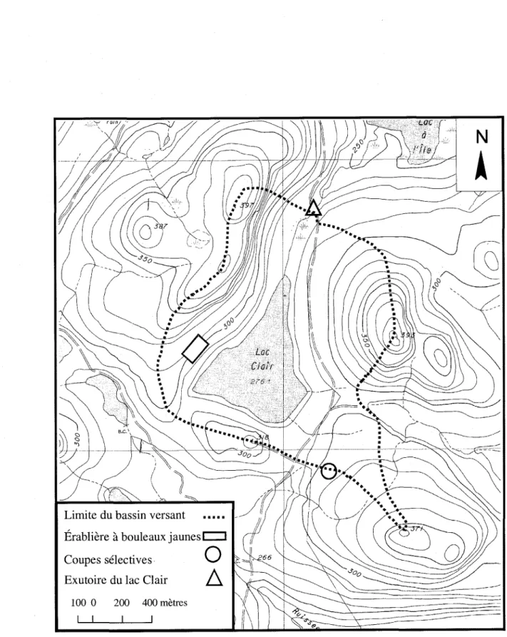 Figure 7.  Carte topographique  de la  station du lac Clair montrant les limites du bassin versant.