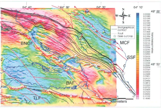 Figure 7 : Vertical gradient map superposed over the Brisebois (1981) geological map of this segment of Eastern Gaspé (see Fig