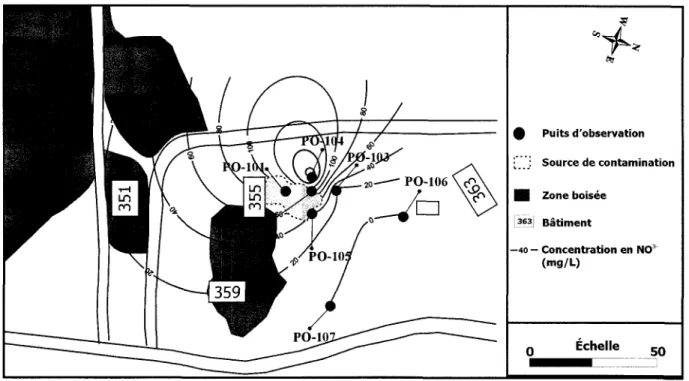 Figure 4 - 16. Concentration en nitrate dans les eaux souterraines de I'aquitard  (till), mars 2000.