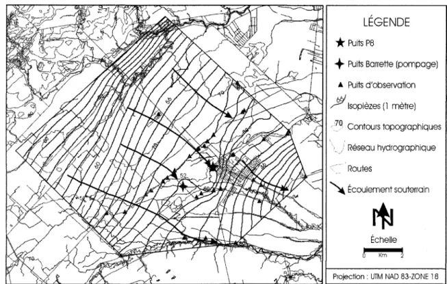 Figure 2.5 : Carte piézométrique avant pompage de Ste-Anne-des-Plaines.